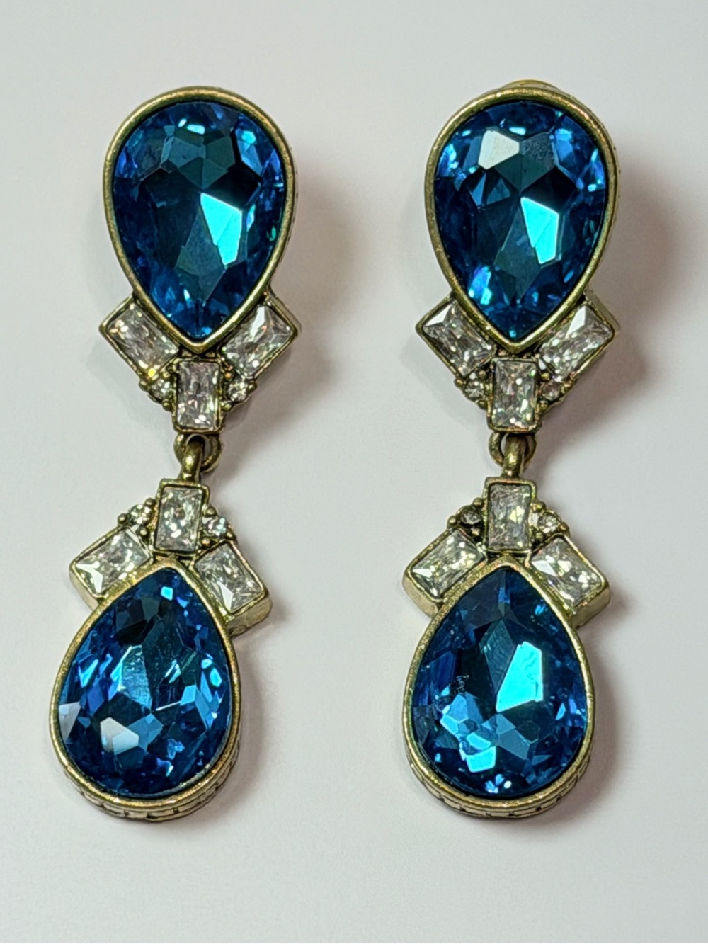 Vintage Heidi Daus Blue Crystal Omega Back Earrings – Statement Glam